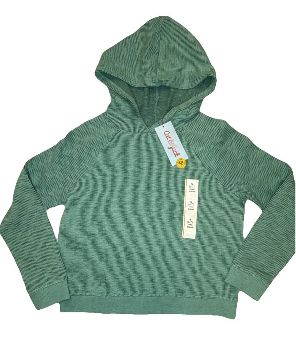 Cat & Jack Girls S (6-7) Ocean Green Ribbed Hooded Sweatshirt Pullover